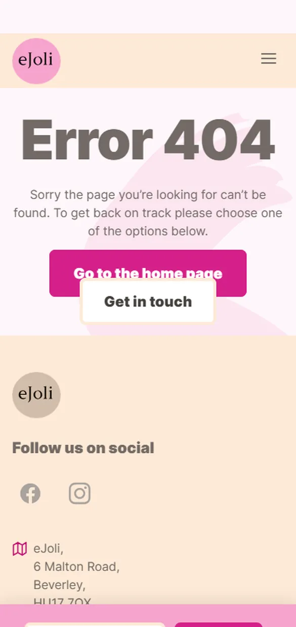 eJoli’s site on a phone showing Error 404: the page you’re looking for can’t be found