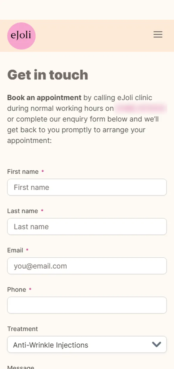 eJoli’s working Get in touch page with the enquiry form