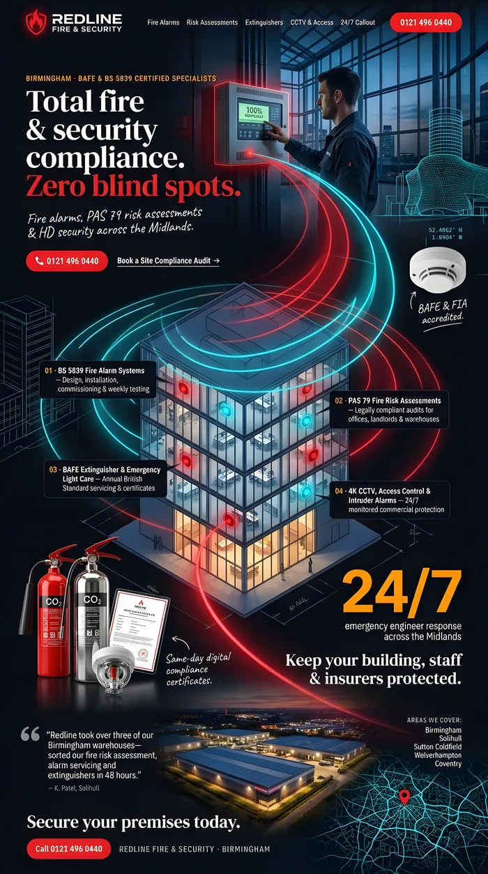 Sample concept: Redline Fire & Security, Birmingham: Total fire & security compliance. Zero blind spots.