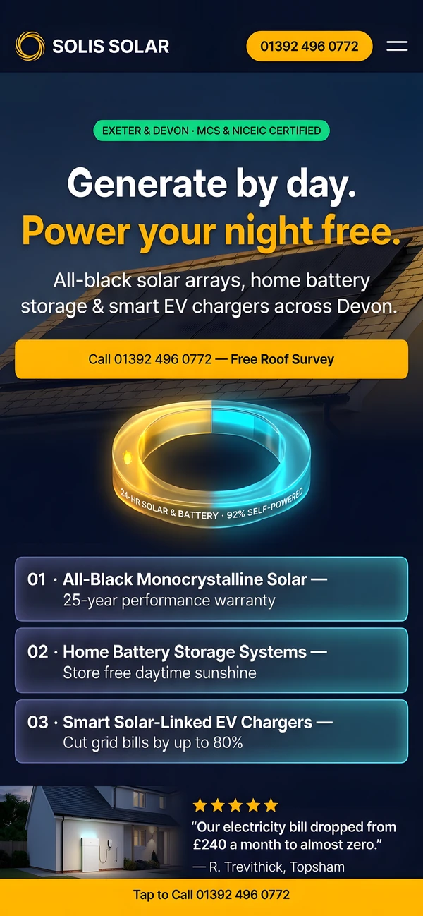 Sample concept: Solis Solar & Battery, Exeter, website on a phone