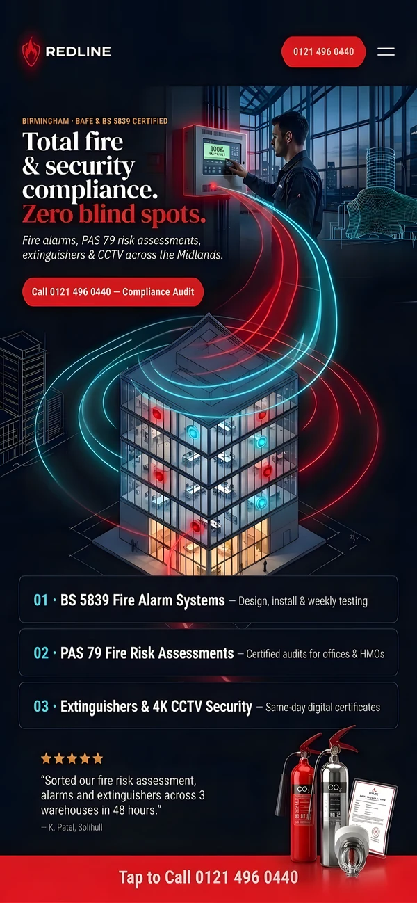 Sample concept: Redline Fire & Security, Birmingham, website on a phone