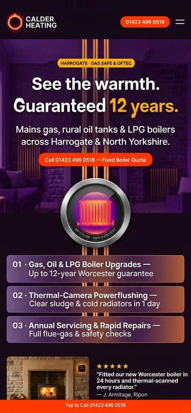 The Calder Heating & Boilers sample site on a phone: See the warmth. Guaranteed for 12 years. With a Call 01423 496 0518 button and four services