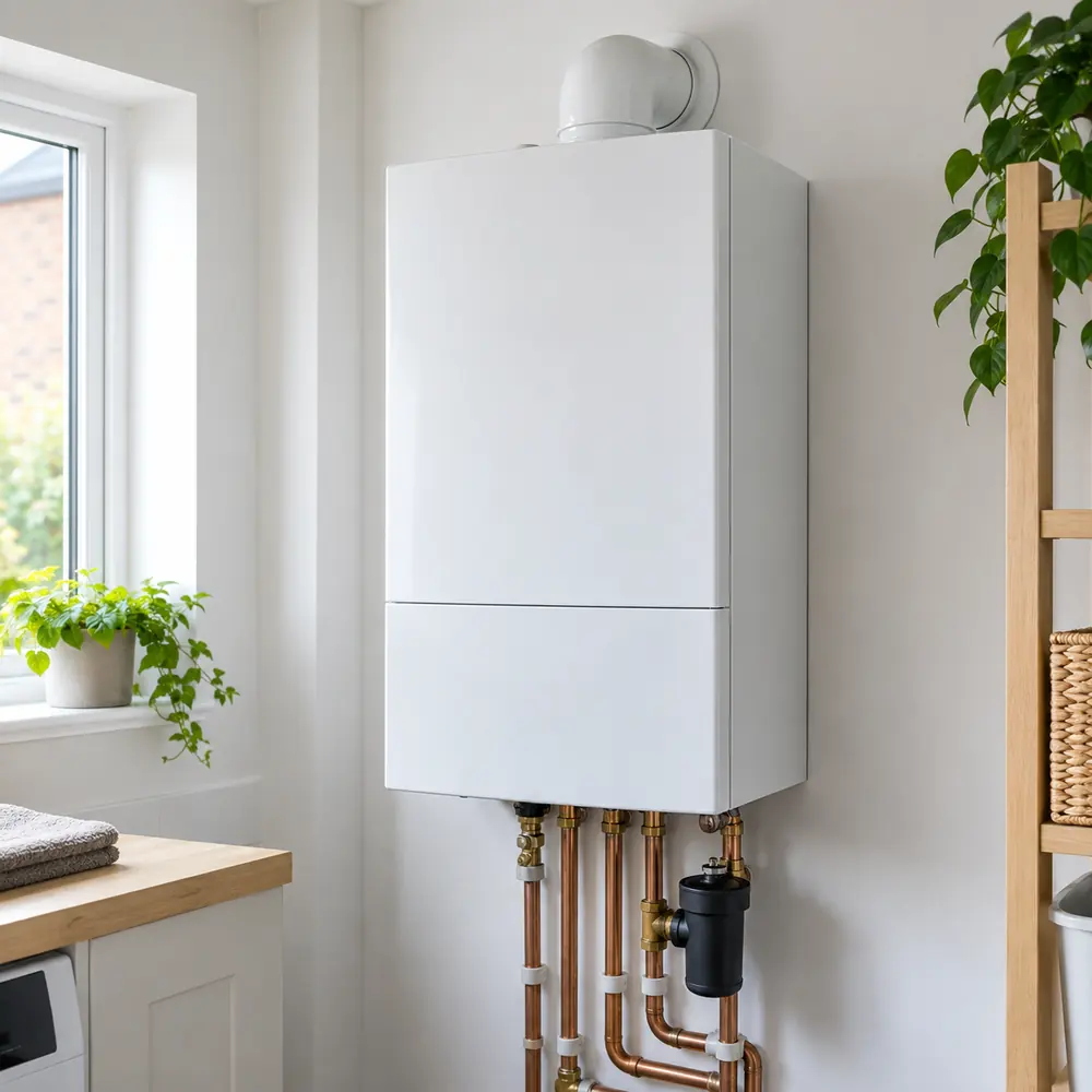 New combi boiler fitted on a utility wall