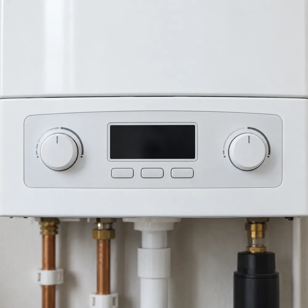 Boiler service panel open, showing the display and controls
